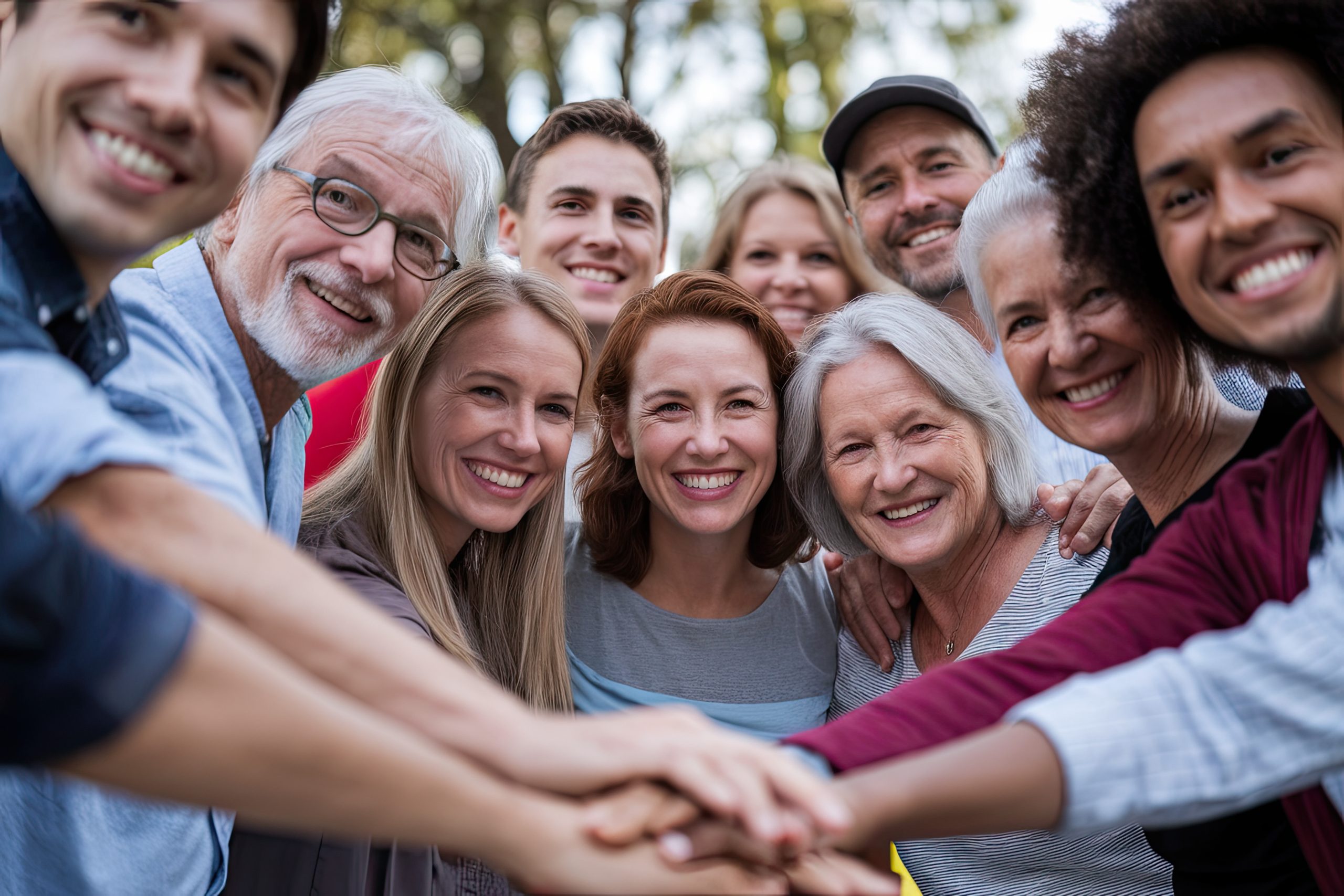 Diverse group of people of all ages and backgrounds smiling together, symbolizing unity